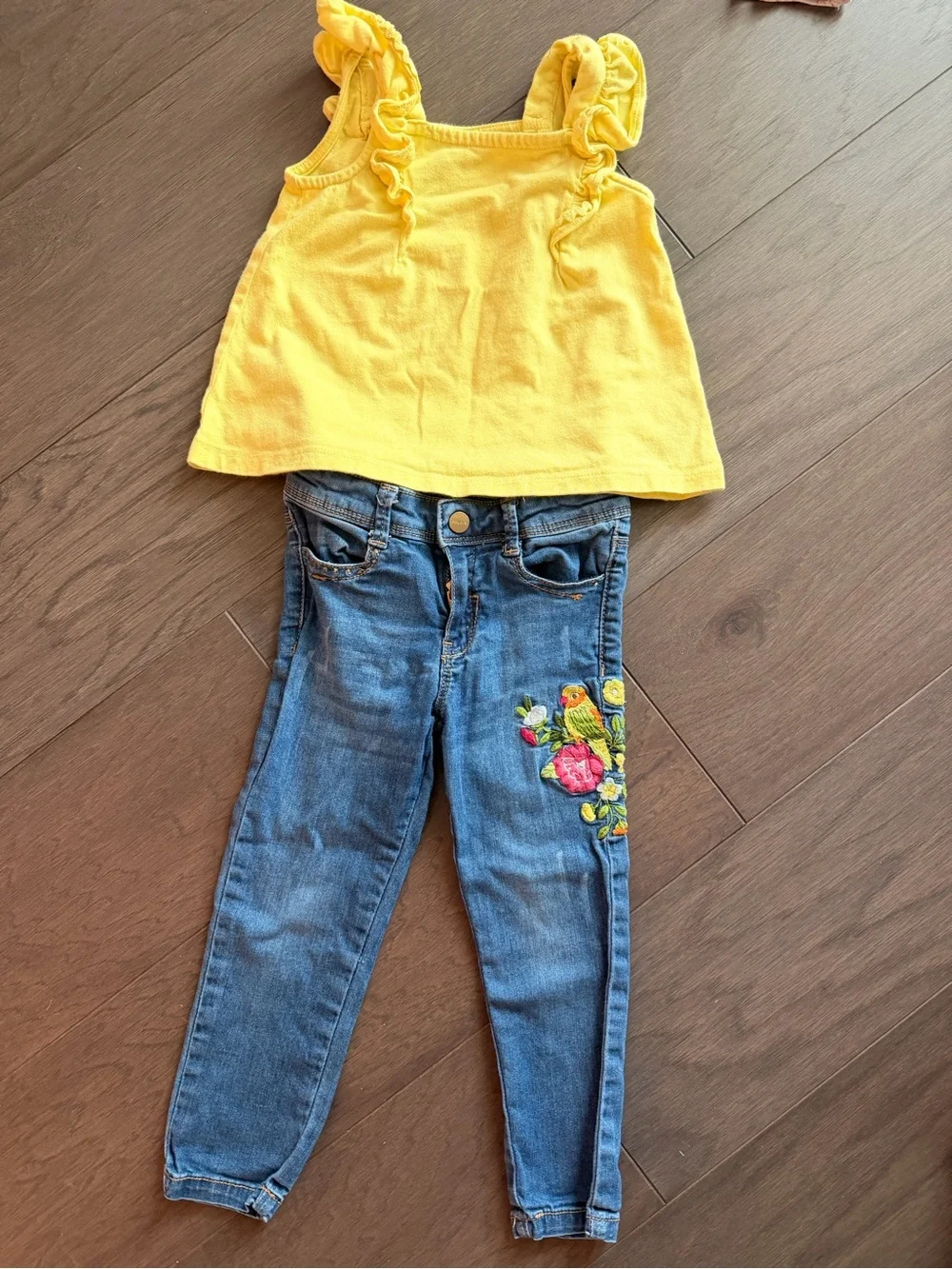 Mayoral Yellow Ruffle Tank with Embroidered Blue Jeans